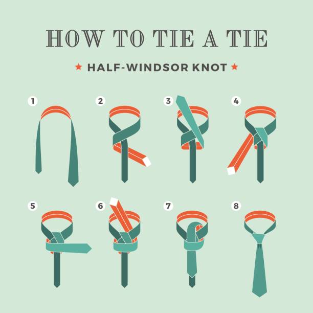 Instructions on how to tie a tie on the turquoise background of the eight steps. Half-Windsor knot . Vector Illustration. Instructions on how to tie a tie on the turquoise background of the eight steps. Half-Windsor knot . Vector Illustration tie knots stock illustrations