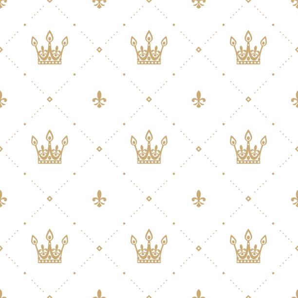 ilustrações de stock, clip art, desenhos animados e ícones de seamless pattern in retro style with a gold crown on a white background. can be used for wallpaper, pattern fills, web page background, surface textures. vector illustration. - majestade