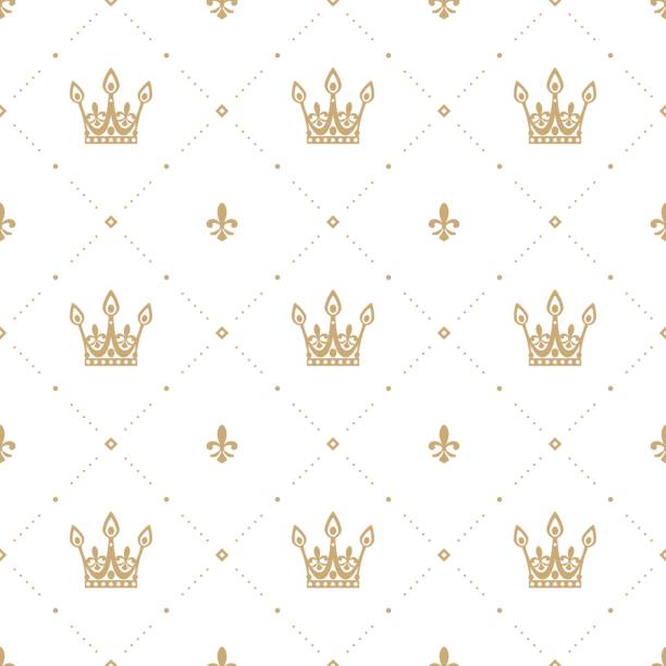 Seamless pattern in retro style with a gold crown on a white background. Can be used for wallpaper, pattern fills, web page background, surface textures. Vector Illustration. Seamless pattern in retro style with a gold crown on a white background. Can be used for wallpaper, pattern fills, web page background, surface textures. Vector Illustration queen royal person stock illustrations