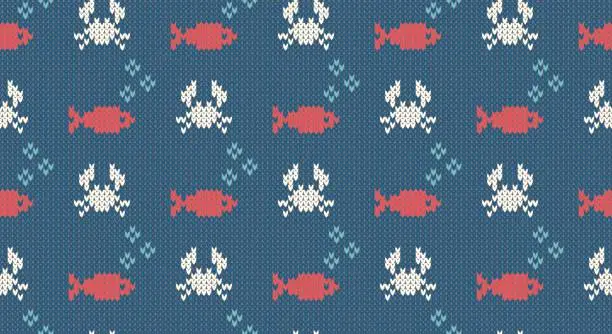 Vector illustration of Sea and nautical backgrounds in white, turquoise, red and dark blue colors. Sea theme. Seamless patterns. Woolen knitted texture. Vector Illustration.