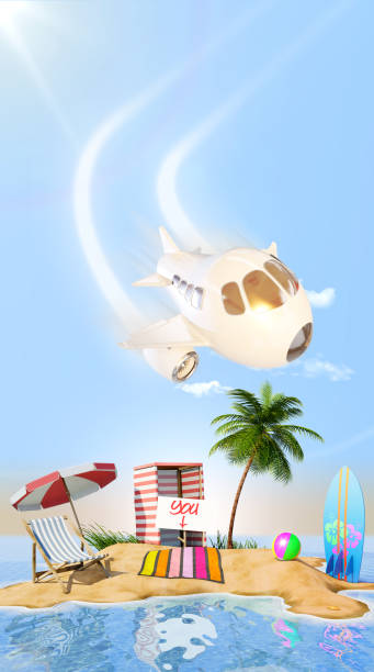 istock desert island  waiting for you with beach props and a plane 834326282