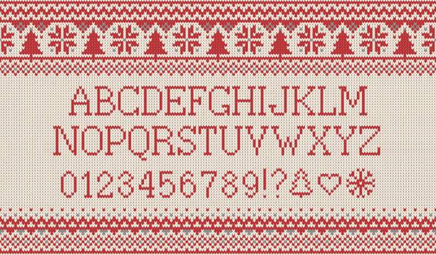 Christmas font. Knitted latin alphabet on seamless knitted pattern with snowflakes and fir. Nordic fair isle knitting, winter holiday sweater design. Vector Illustration. vector art illustration