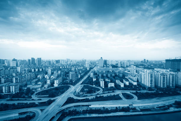 city highway interchange in shanghai on traffic rush hour