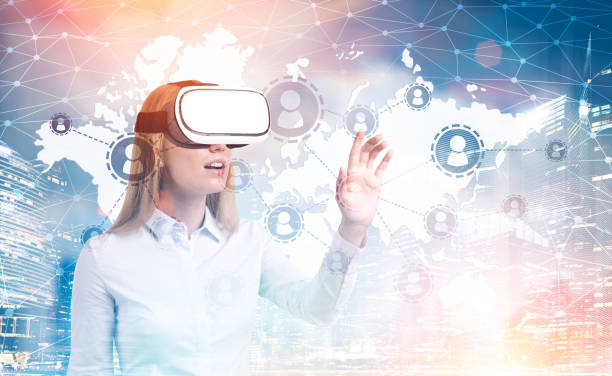 istock Blonde woman in VR glasses, network, map 834336144