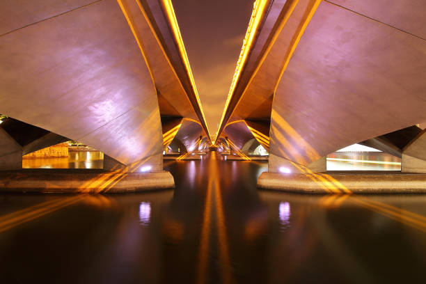 Structure of under the Esplanade bridge at Singapore with beautiful light and shadow at night.