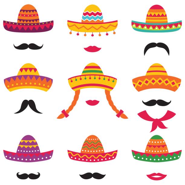 전통적인 멕시코 솜브레로 모자, 벡터 세트 - 스페인어 일러스트 stock illustrations