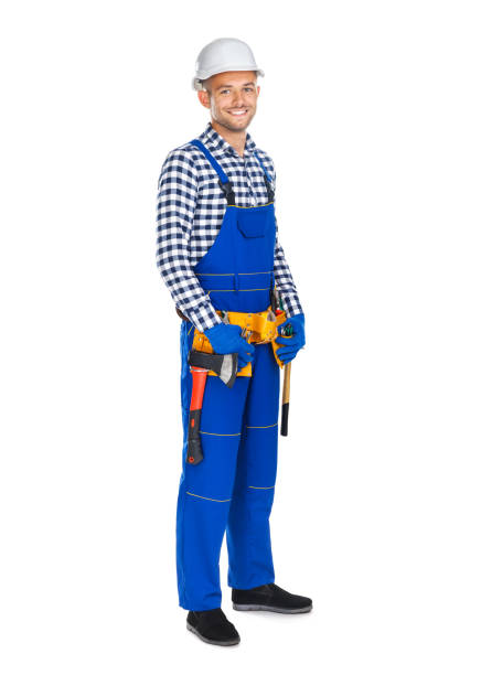 istock Full length portrait of smiling construction worker in uniform and tool belt 834367728