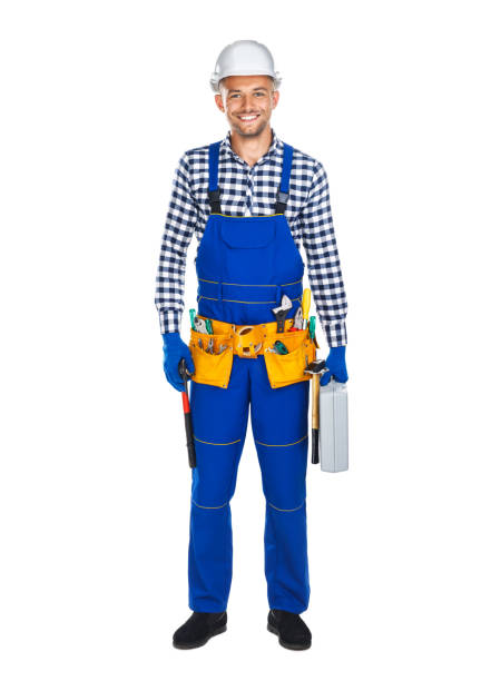 istock Full length portrait of smiling construction worker in uniform with toolbox 834367836