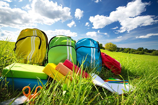Colourful children schoolbags outdoors on the field. Backpacks with school accessories
