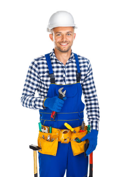 istock Happy smiling construction worker with wrench and tool belt 834376052