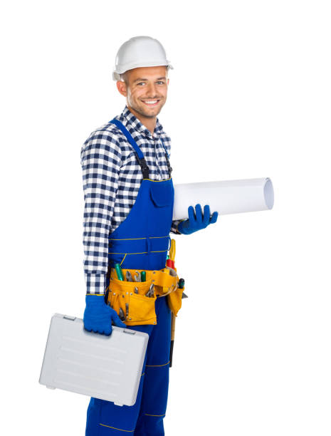istock Side view of happy construction worker with toolbox and drawings 834376094