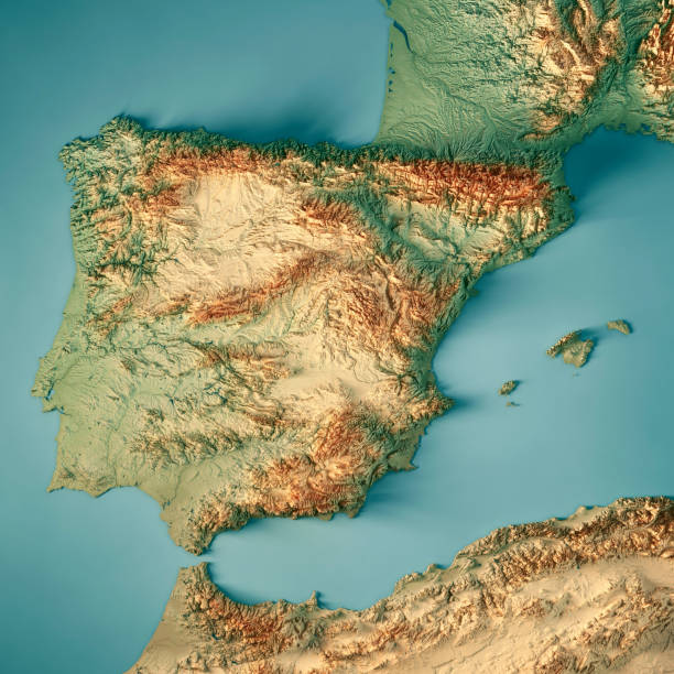 3D Render of a Topographic Map of Spain.
All source data is in the public domain.
Color texture: Made with Natural Earth. 
http://www.naturalearthdata.com/downloads/10m-raster-data/10m-cross-blend-hypso/
Relief texture and Rivers: SRTM data courtesy of USGS. URL of source image: 
https://e4ftl01.cr.usgs.gov//MODV6_Dal_D/SRTM/SRTMGL1.003/2000.02.11/
Water texture: SRTM Water Body SWDB:
https://dds.cr.usgs.gov/srtm/version2_1/SWBD/