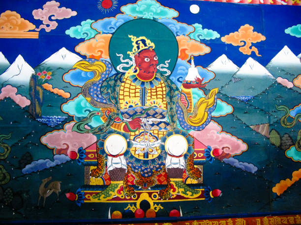 image of padmasambhava aka guru rinpoche on the wall of taktsang lhakhang monastery, paro, bhutan - padmasambhava imagens e fotografias de stock