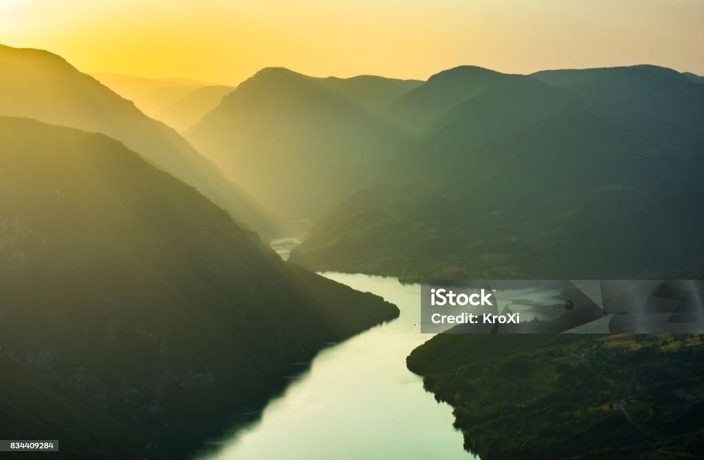 Sunset mountain landscape Foggy and sunny Landscape of Zaovine lake and Tara mountain in Serbia, viewpoint Banjska Stena Serbia Stock Photo