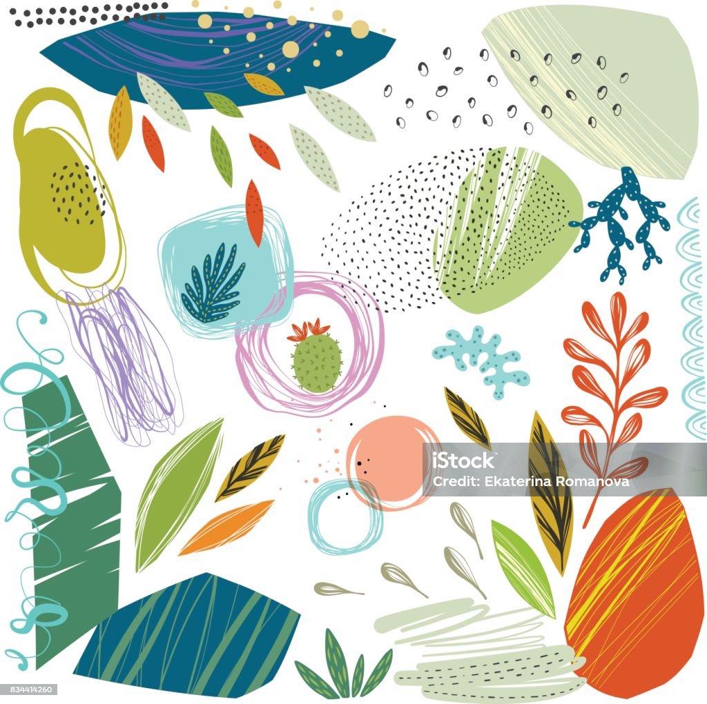 Abstract Elements Set of scribble textures and hand drawn floral elements. Vector illustration. Child stock vector