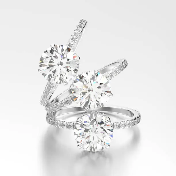 3D illustration three white gold or silver traditional engagement diamond rings with reflection on a white background