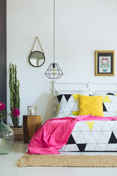 istock Geometric bedroom design, triangle quilt 834437184