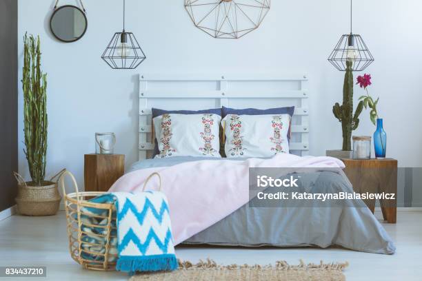 Bedroom Mixed Materials And Colors Stock Photo - Download Image Now - Apartment, Basket, Bed - Furniture