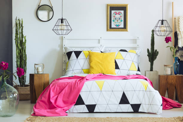 istock Unique geometric bedclothes and cactus 834437278