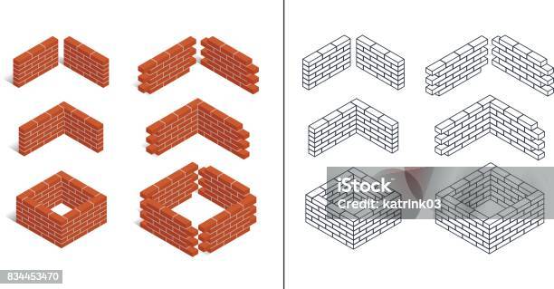 Ensemble Dicônes Isométriques Vecteurs libres de droits et plus d'images vectorielles de Mur de briques - Mur de briques, Brique, Perspective isométrique