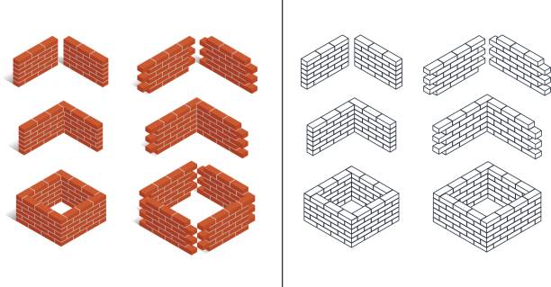 Set of isometric icons Red brick walls of the house, with cement mortar. Angular laying. Set of isometric icons, colorful and outlined. 3D. Vector illustration. brick wall stock illustrations
