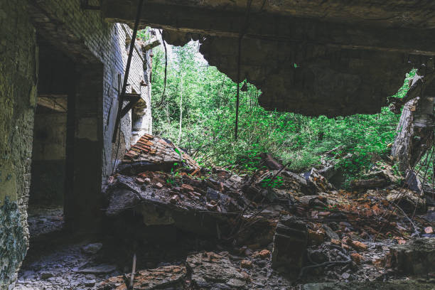 istock Old ruined destroyed building by earthquake, view from inside 834455014