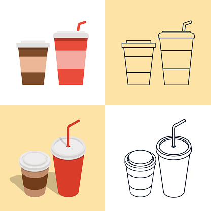 Vector illustration. Set of colorful icons of hot and cold drinks for fast food. Disposable glasses with a straw. Isometric, 3D, flat style and contour.