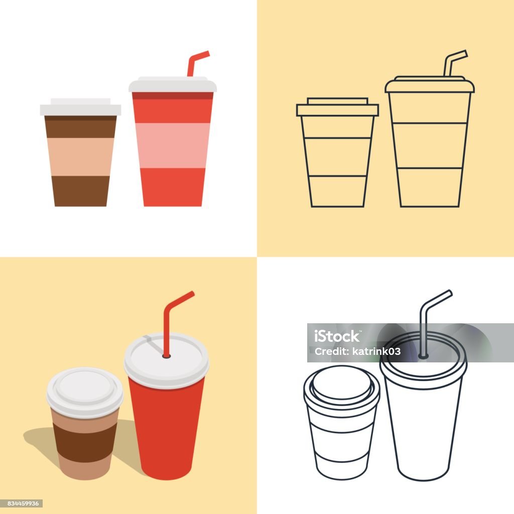 Set of colorful icons of hot and cold drinks Vector illustration. Set of colorful icons of hot and cold drinks for fast food. Disposable glasses with a straw. Isometric, 3D, flat style and contour. Cup stock vector