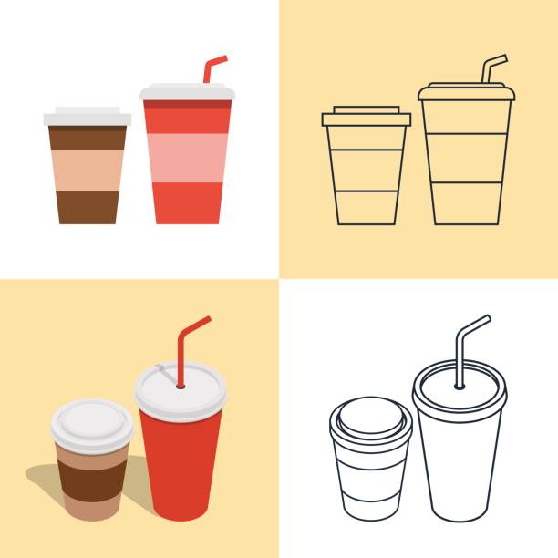 Set of colorful icons of hot and cold drinks Vector illustration. Set of colorful icons of hot and cold drinks for fast food. Disposable glasses with a straw. Isometric, 3D, flat style and contour. beverage cup stock illustrations