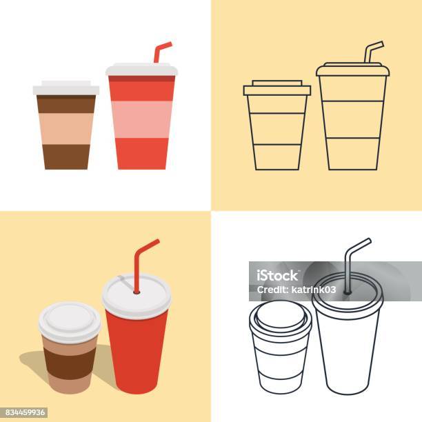 Set Of Colorful Icons Of Hot And Cold Drinks Stock Illustration - Download Image Now - Cup, Disposable Cup, Coffee - Drink