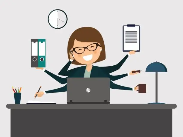 Vector illustration of Busy secretary smiling with laptop