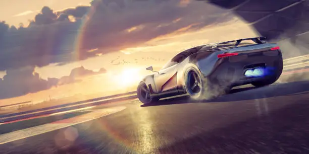 A stylized image of a fictional sports car drifting round bend with smoke coming from tyres as the supercar wheelspins around the corner of a racetrack. The sports car also has blue flames coming from it’s exhaust and is driving around a track during a dramatic evening sunset.