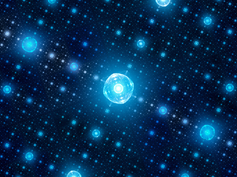 Blue glowing quantum processors in grid, network of hubs, computer generated abstract background, 3D rendering