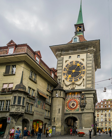 Bern, Switzerland - July 27, 2017 : The Zytglogge (South Clock in local dialect) is an astronomical clock designed during the XVI Century and installed in a medieval tower in the Old City