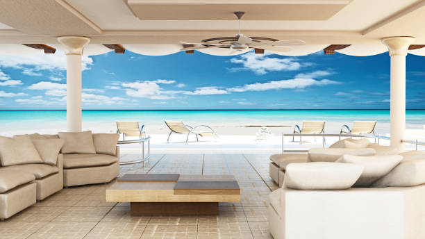 istock Luxurious villa interior with sea view. 3D interior rendering 834522390