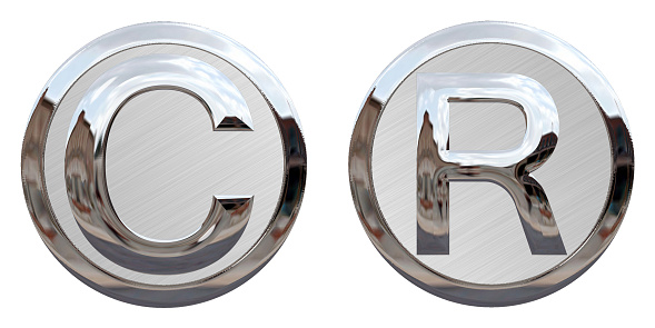 3D Illustration. Copyright (C) and registered trademark symbol (R) in chrome texture