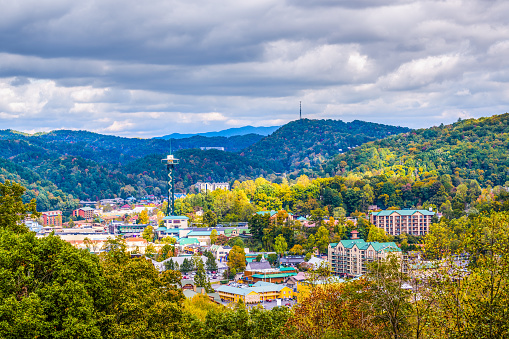 Gatlinburg, Tennessee, USA town skyline in the Smoky Mountains.