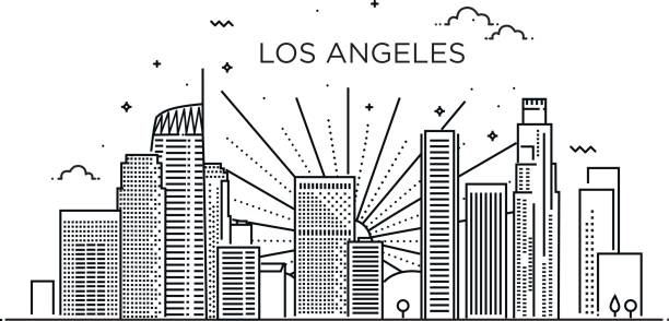 illustrazioni stock, clip art, cartoni animati e icone di tendenza di banner della città di los angeles in stile trendy flat line. los angeles city line art. - city of los angeles illustrations