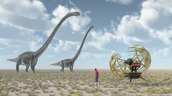 Computer generated 3D illustration with time traveler, time machine and the dinosaur Omeisaurus