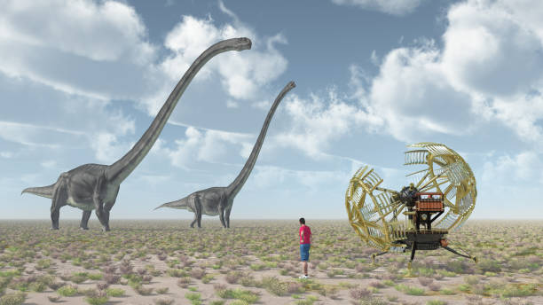 Time traveler, time machine and the dinosaur Omeisaurus Computer generated 3D illustration with time traveler, time machine and the dinosaur Omeisaurus time machine stock pictures, royalty-free photos & images