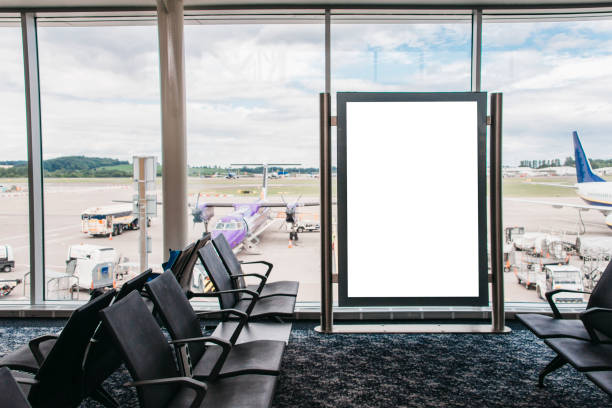 blank billboard in airport - outdoor chair imagens e fotografias de stock