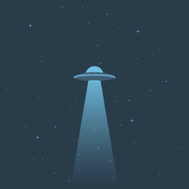 UFO in the sky with the stars Vector illustration. UFO in the sky with the stars. An alien spaceship with a beam of light. The icon. hoverfly stock illustrations