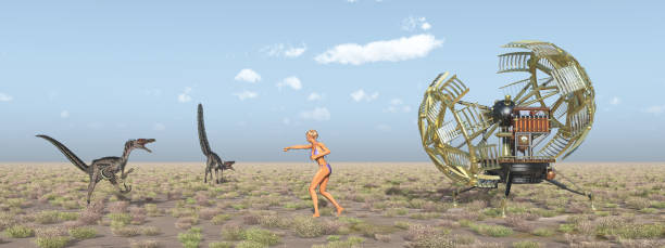 istock Time machine, female time traveler and dinosaurs 834562630