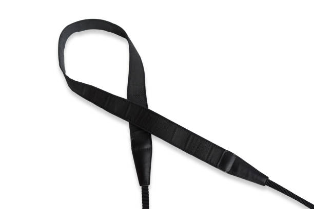 Black camera strap standard design equipment strength support heavy size for professional photographer shoulder sling belt easy shoot photo on white isolated background.