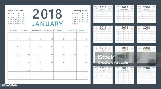 Calendar Planner For 2018 Starts Monday Vector Calendar Design 2018 Year Stock Illustration - Download Image Now