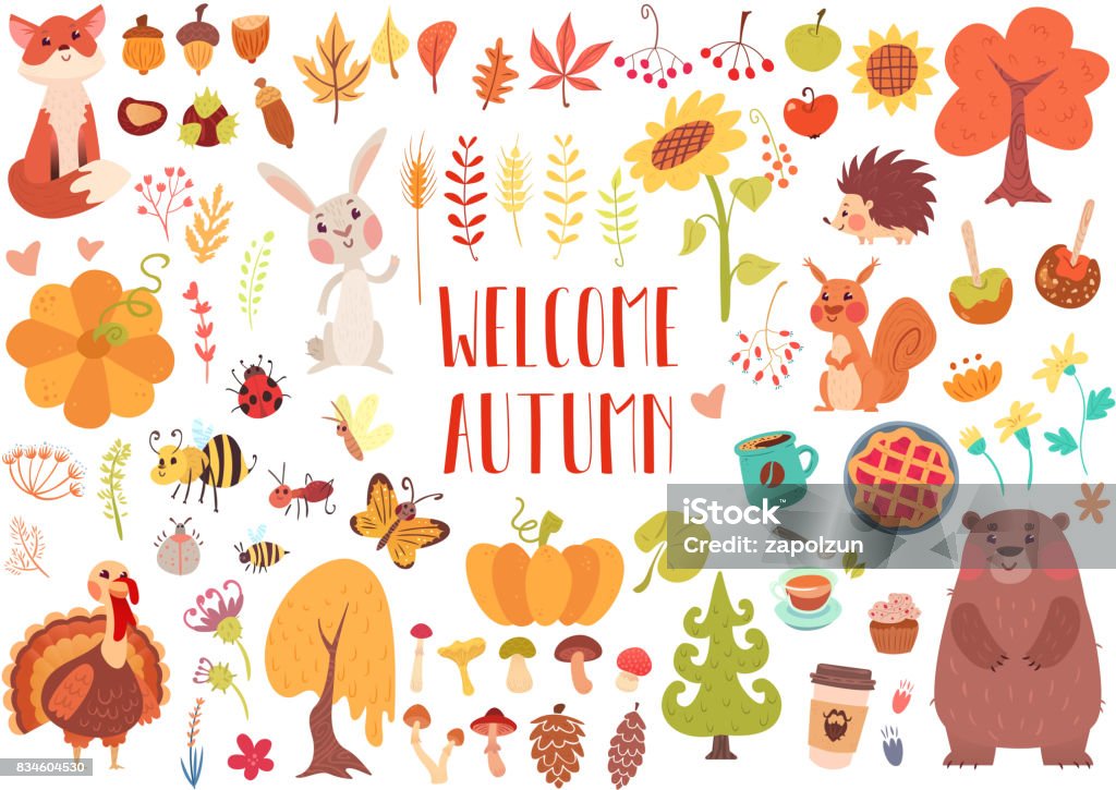 Cute animals and plants set Big set of cute autumn animals, birds, insects, plants and sweets. Fall season stickers and clip-art. Thanksgiving design on white background. Autumn stock vector