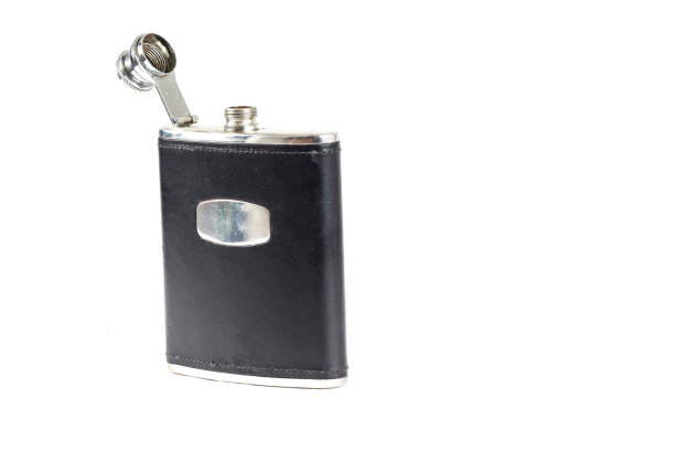 istock Black Leather covered hip flask with the lid open 834606594