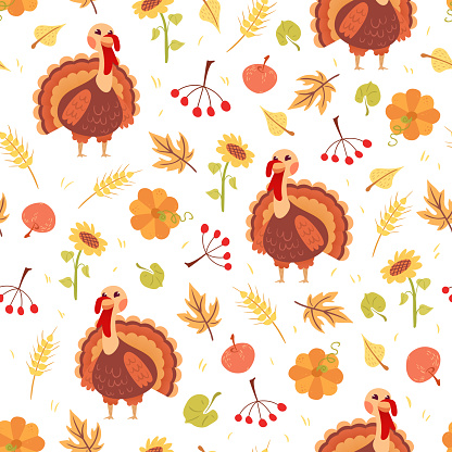 Cute Seamless Pattern With Turkey And Harvest Stock Illustration ...