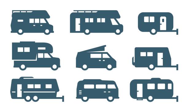 RV cars, recreational vehicles, camper vans icons RV cars, recreational vehicles, camper vans icons camping symbols stock illustrations