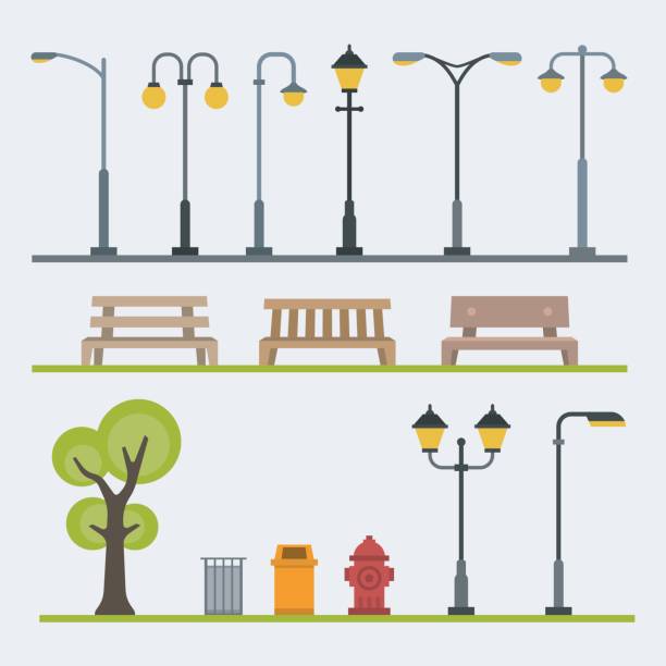 световые столбы и наружные элементы для строительства ландшафтов. векторная плоская иллюстрация - street light illustrations stock illustrations
